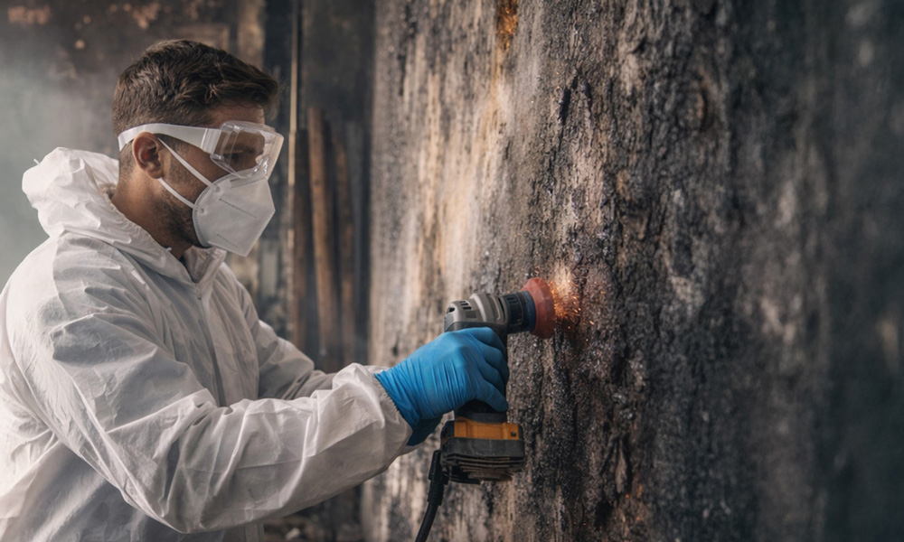Fachkraft reinigt verrußte Wand nach Brandschaden
