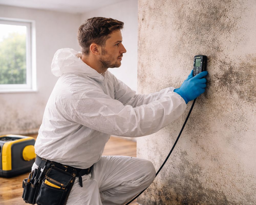 Fachkraft misst Feuchtigkeit an schimmelbefallener Wand