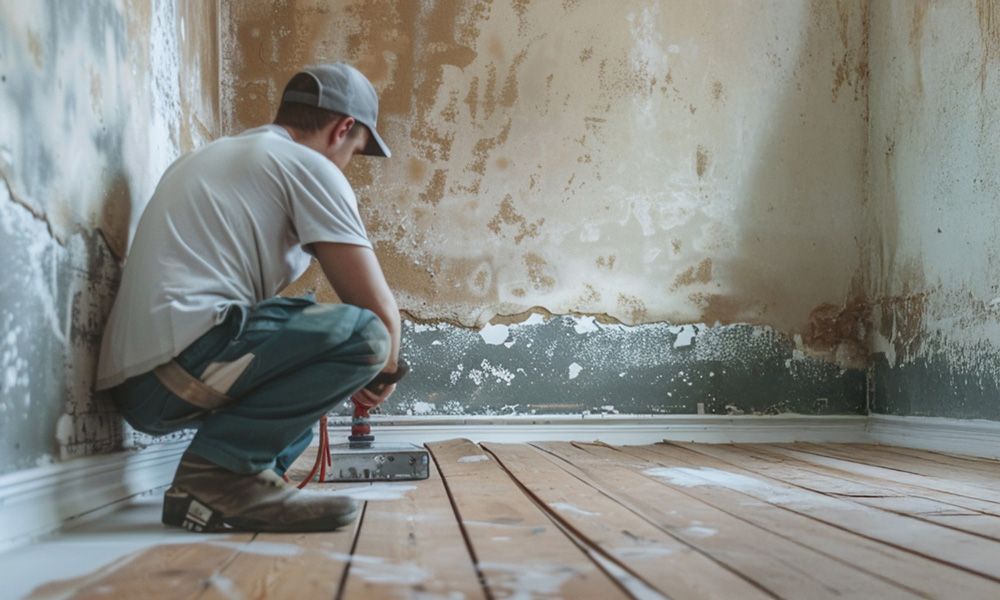 Fachkraft begutachtet feuchte Wand und beschädigten Boden