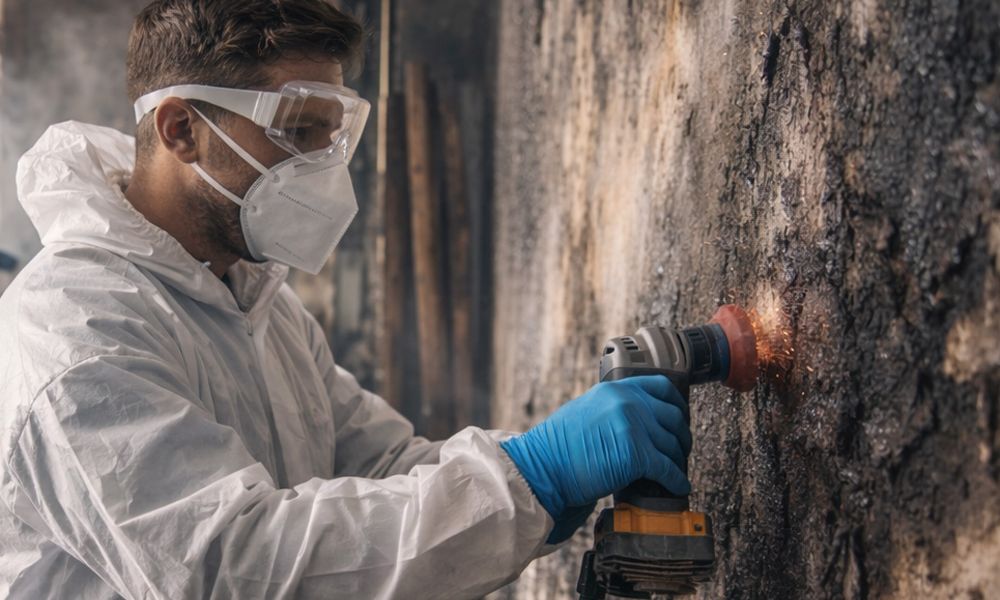 Fachkraft reinigt verrußte Wand nach Brandschaden