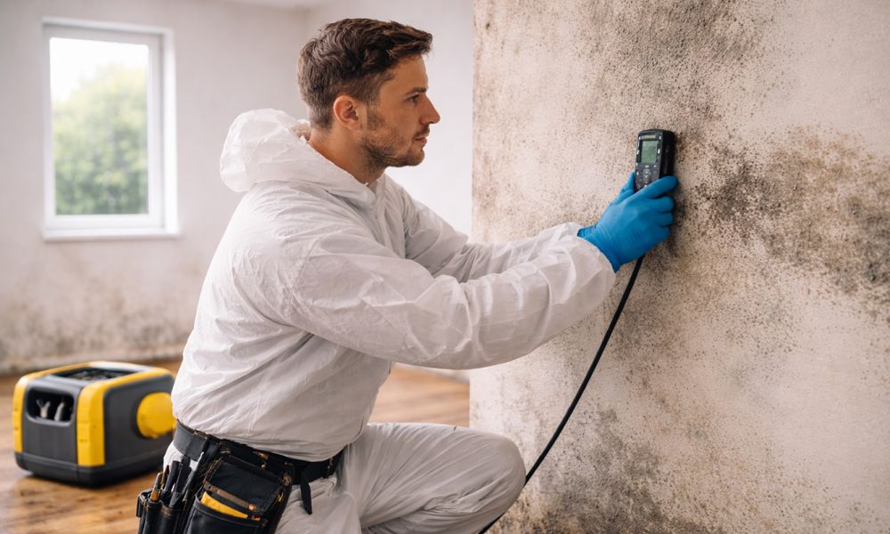 Fachkraft misst Feuchtigkeit an schimmelbefallener Wand