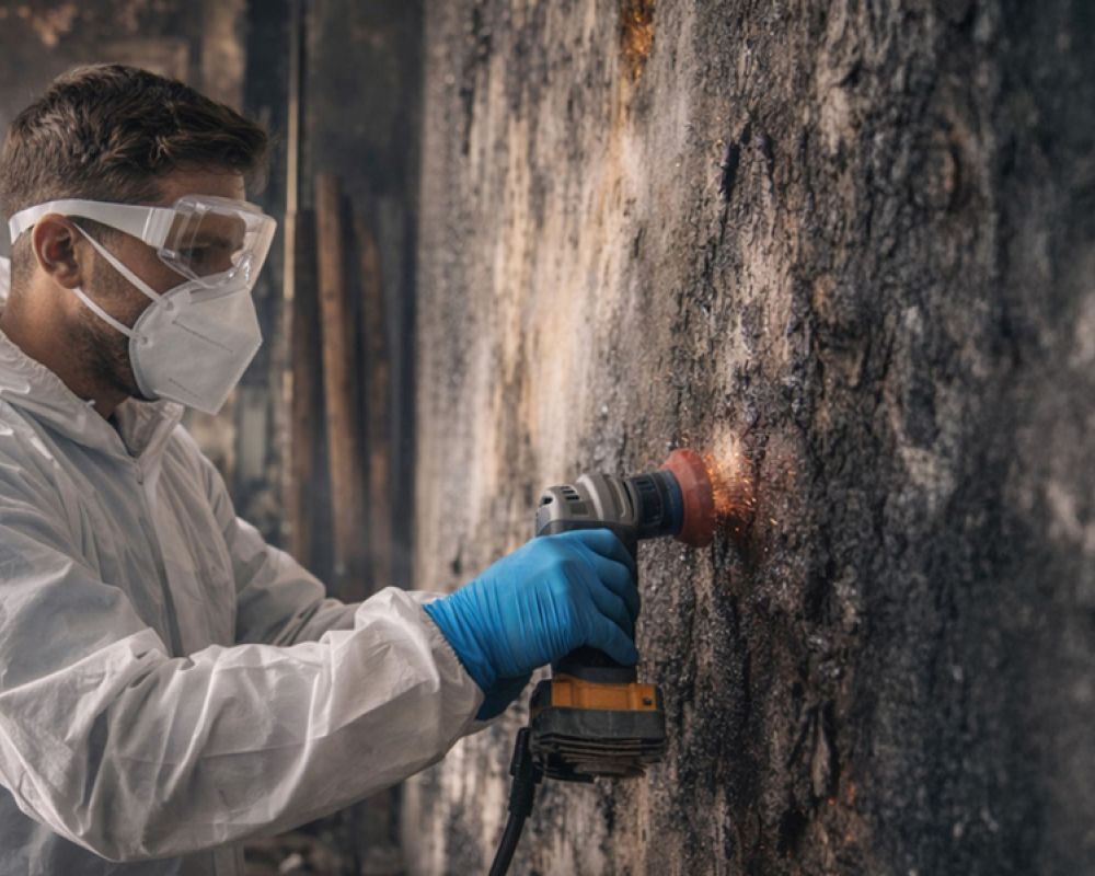 Fachkraft reinigt verrußte Wand nach Brandschaden