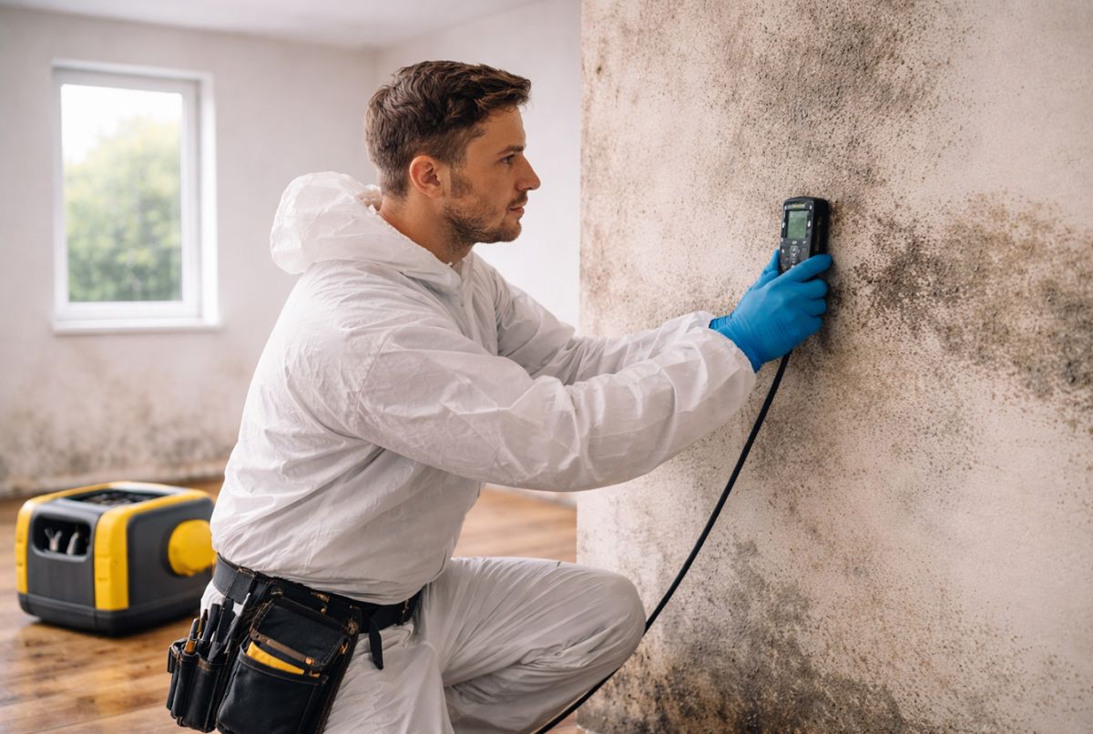 Fachkraft misst Feuchtigkeit an schimmelbefallener Wand